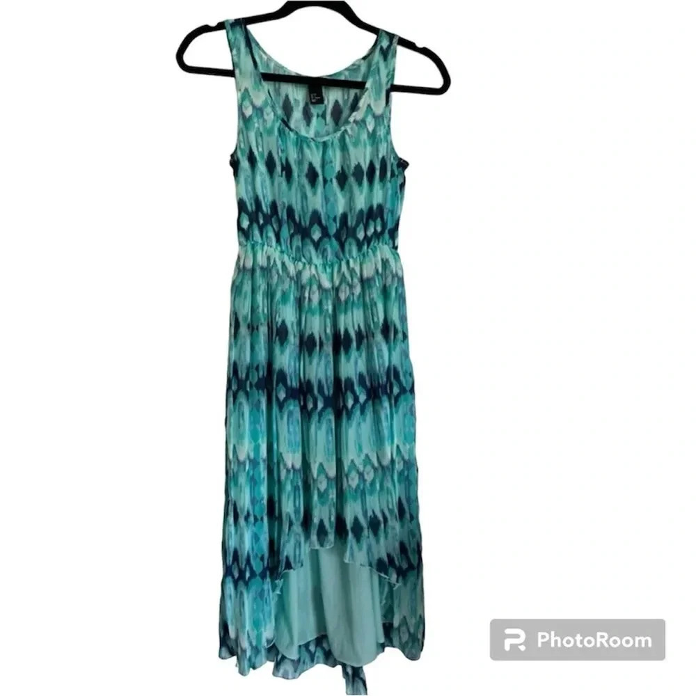 H&M Blue Ikat Pattern Pleated High Low Tank Top Sleeveless Dress Size 6